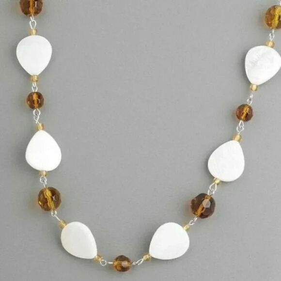Amber Brown Glass and Mother of Pearl Teardrop Necklace Earrings Set - Picture 2 of 2